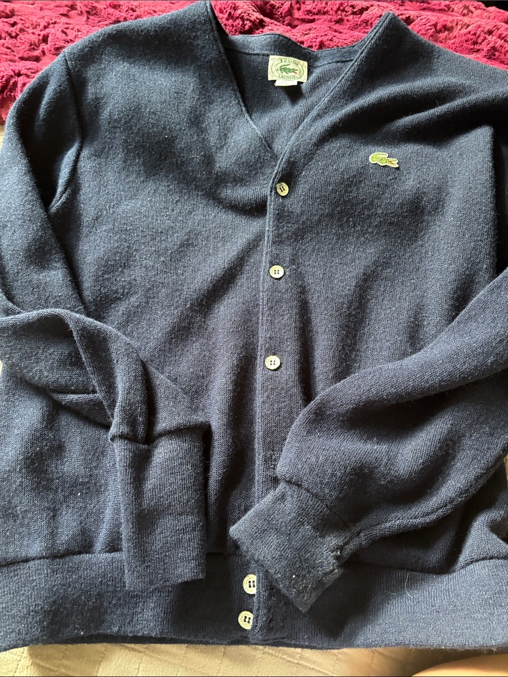 Vintage Lacoste Men's Dark Navy V-Neck Button Cardigan with Croc Emblem large